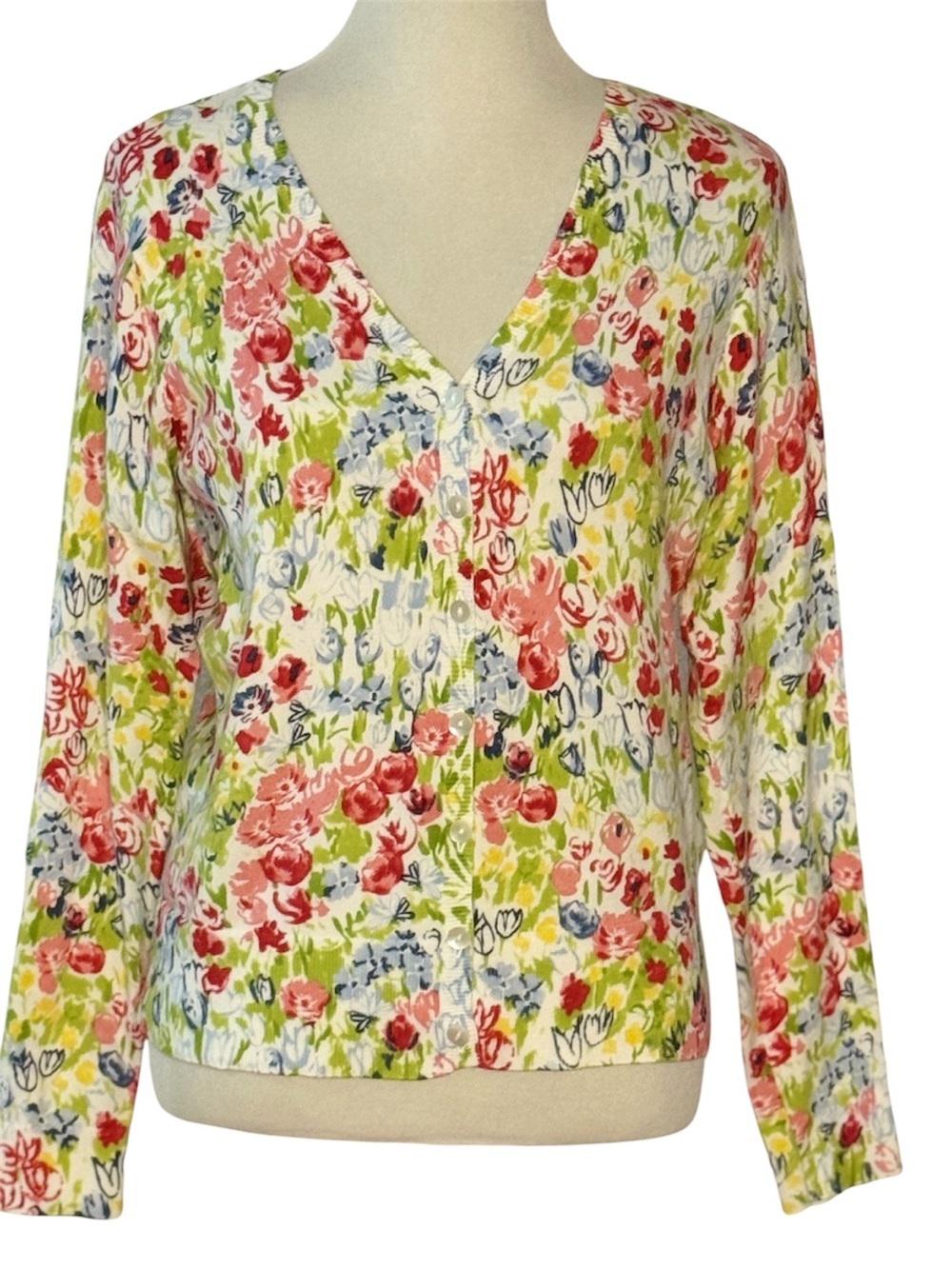Talbots Petites Medium Floral Pima Cotton Cardigan Sweater White Pink Green